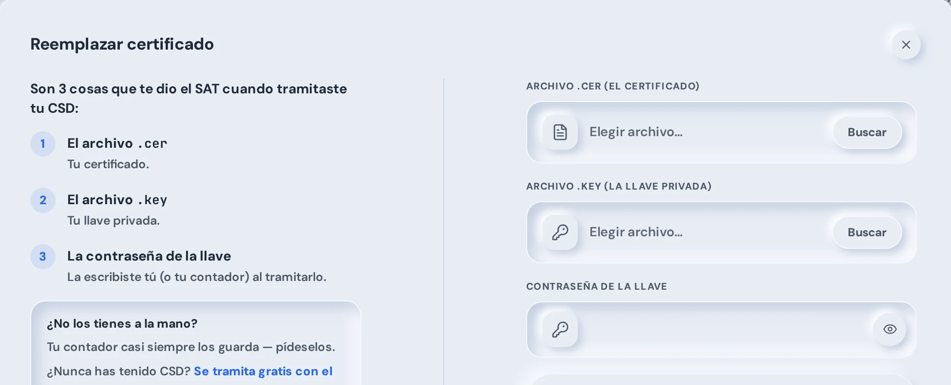 Pantalla de Klarviz para subir el sello digital: pide el archivo .cer, el archivo .key y la contraseña de la llave.