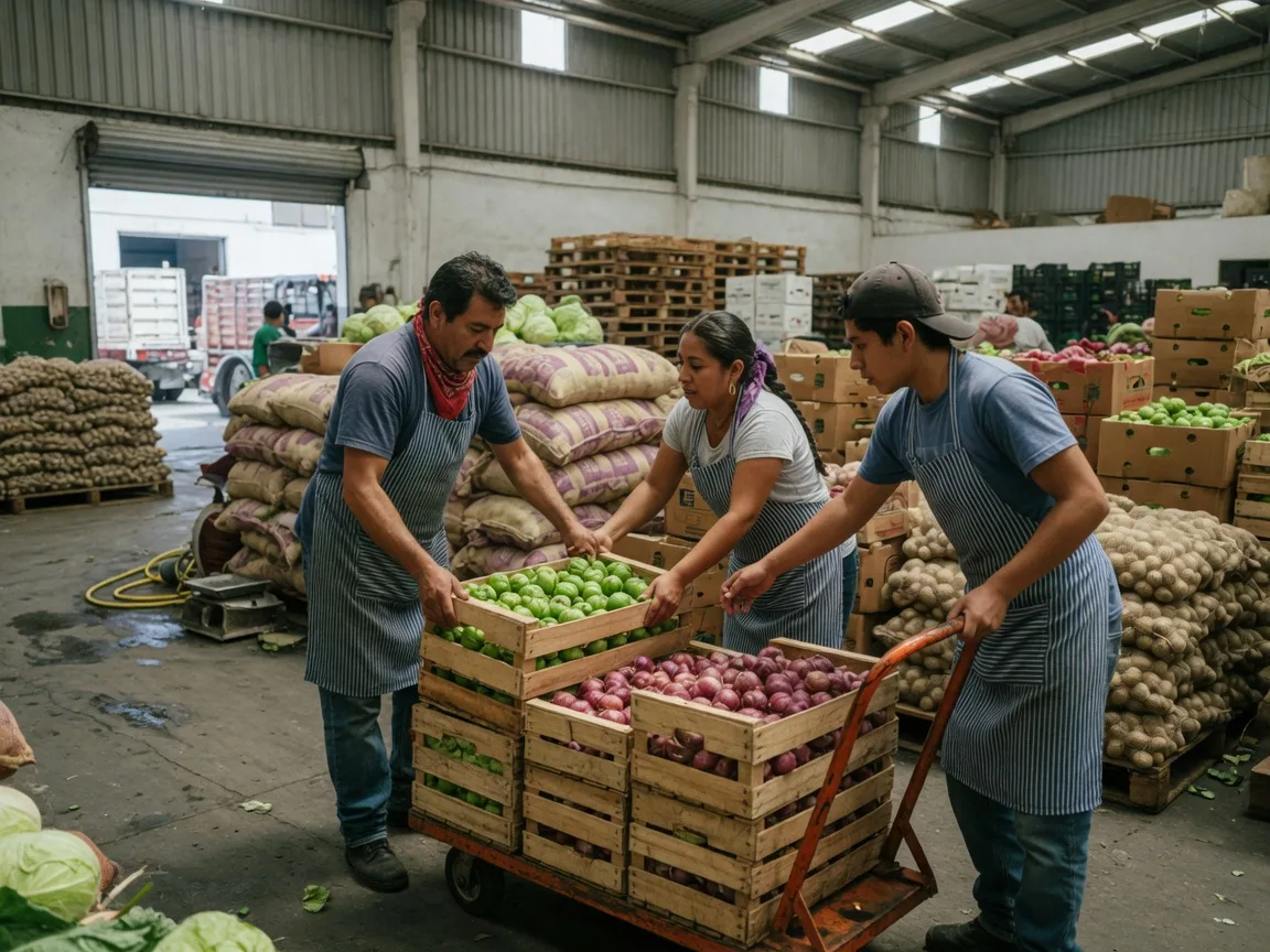 Tres trabajadores de una bodega cargando cajas de verdura en un diablito.