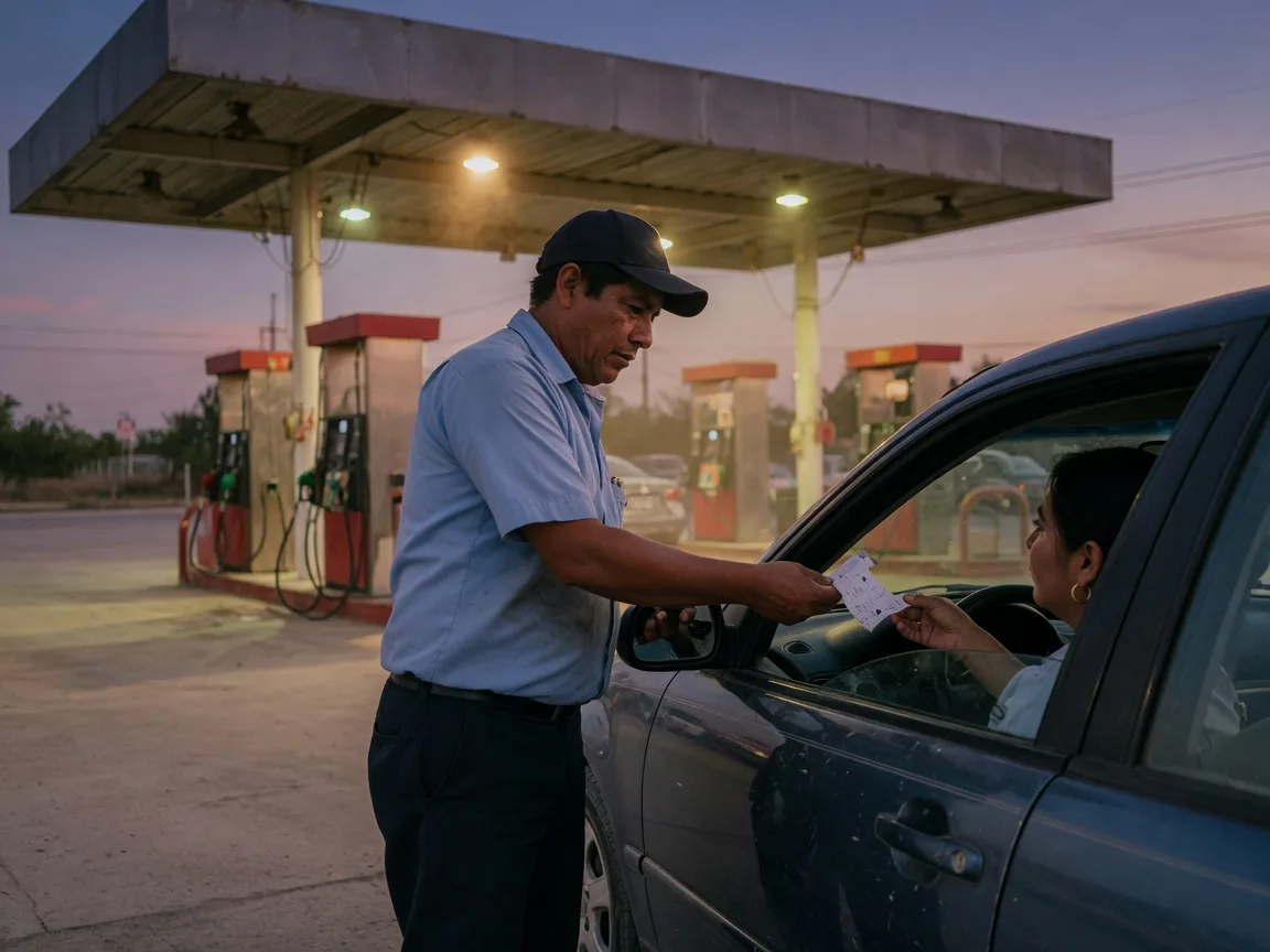 Un despachador entrega un ticket impreso por la ventanilla del coche, al anochecer.