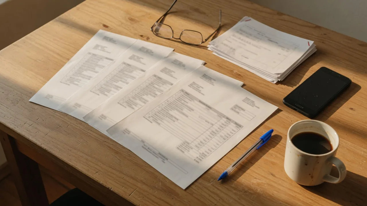 Varias facturas impresas extendidas sobre un escritorio de madera, junto a unos lentes, una pluma, un celular y una taza de café.