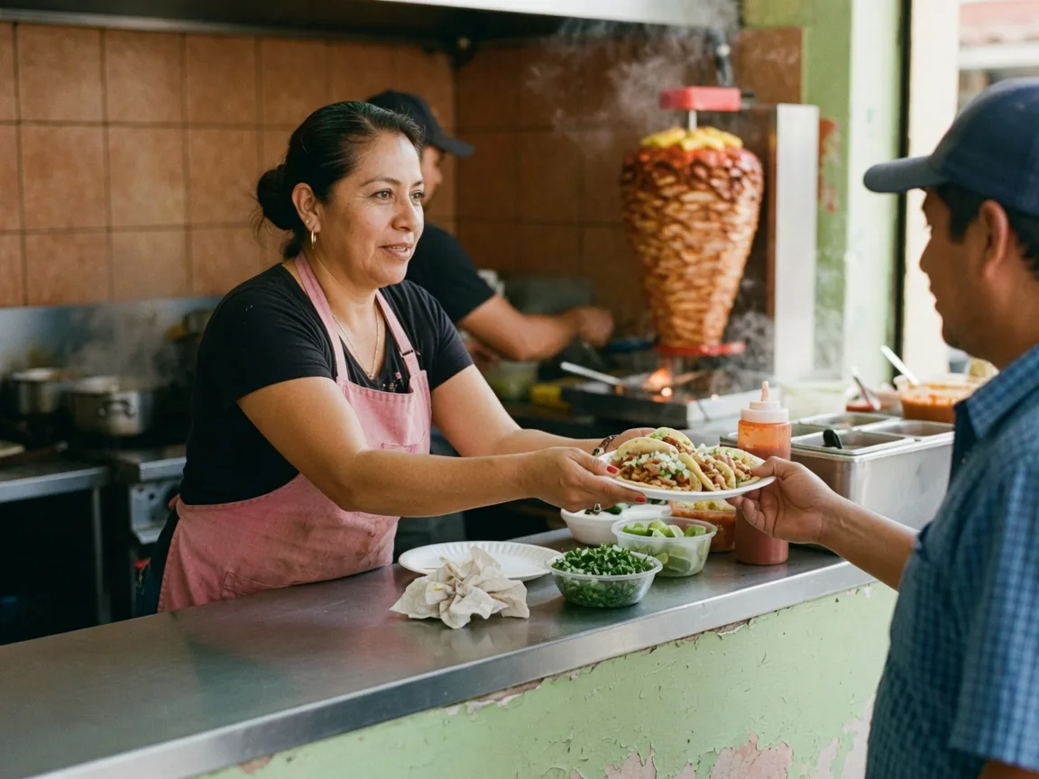 Una taquera entrega un plato a un cliente por encima del mostrador.