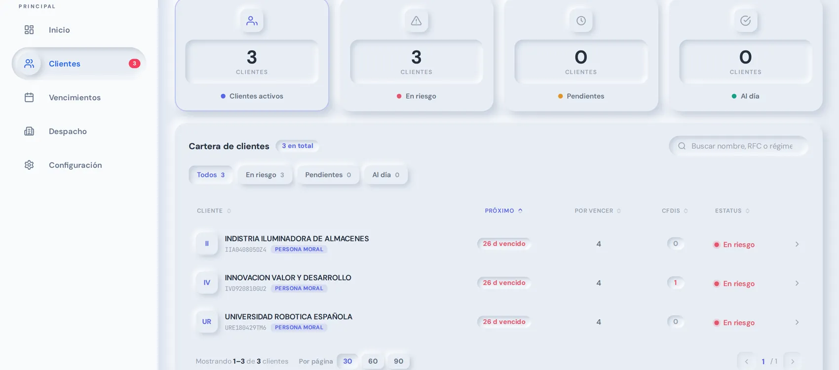 Cartera de clientes en el portal de contador de Klarviz: tres clientes con su RFC, régimen, CFDI del periodo y estatus de vencimiento.