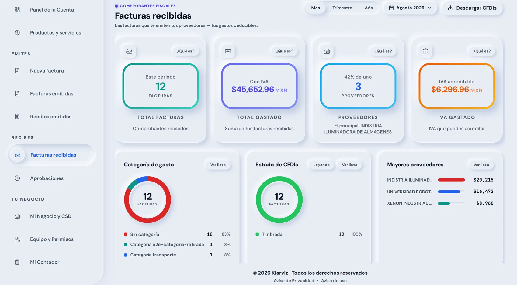 Facturas recibidas en el portal de Klarviz: el acumulado del periodo por $45,652.96 MXN con las facturas que le emitieron al negocio.